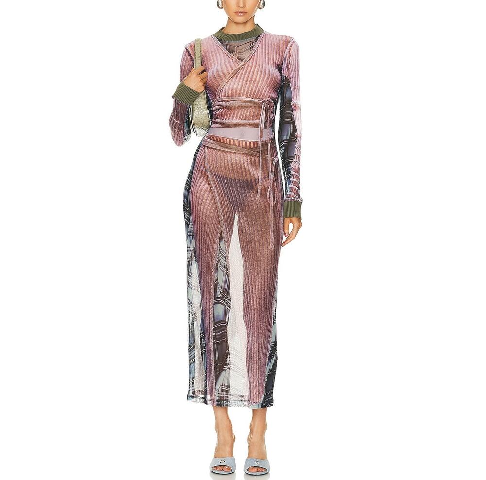Y/Project Sheer Light Pink Grey Trompe L'oeil Wrap Maxi Dress EU 36 US 4